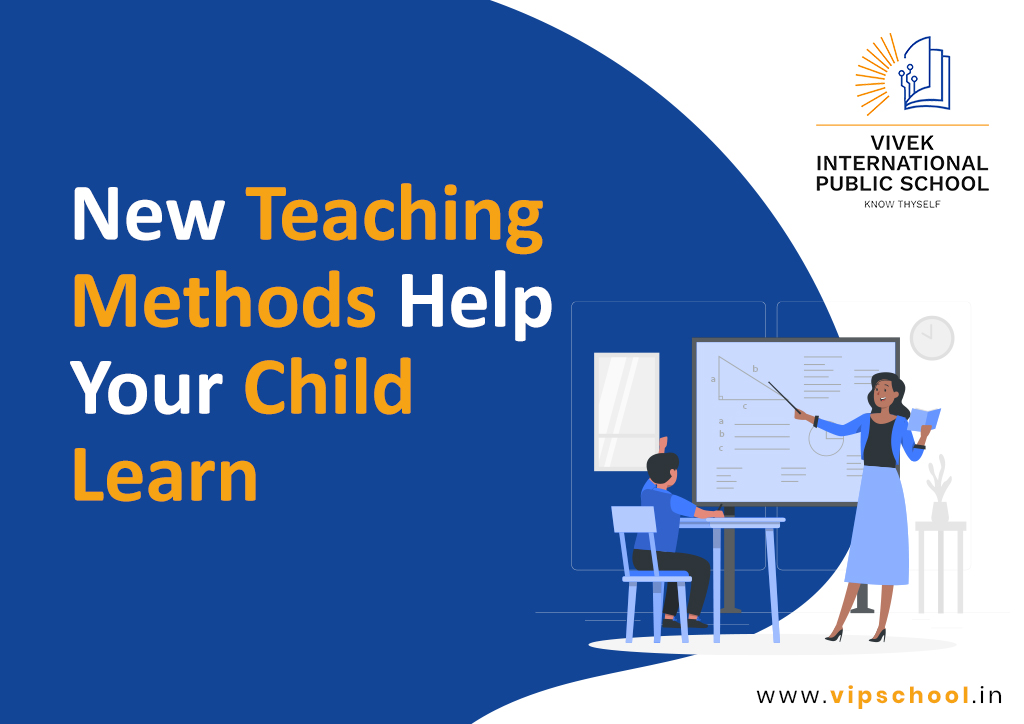 Graphic on right of teacher teaching student on screen, and text written on left: New Teaching Methods Help Your Child Learn