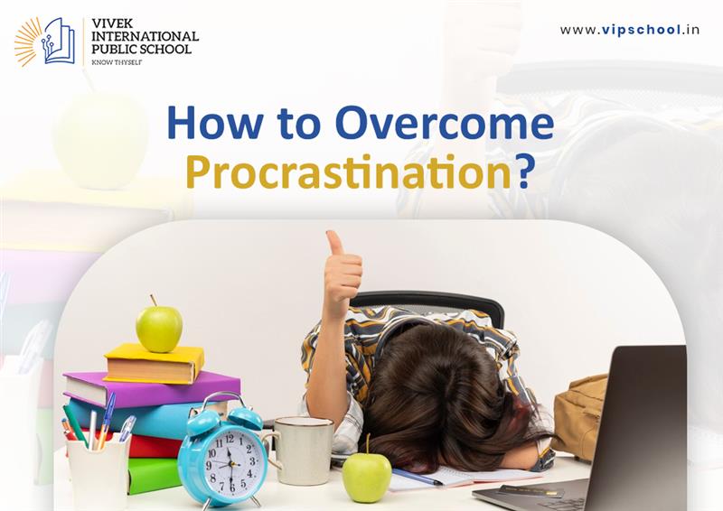 A school banner shows the “VIPS” logo and URL flanking a bold headline: “How to Overcome Procrastination?” Below, a tired student with their head on folded arms still gives a thumbs-up at a desk strewn with books, apples, a blue alarm clock, a mug, pens, a laptop, and a backpack—capturing both frustration and determination.