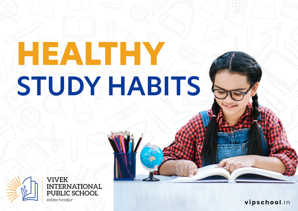 girl sitting on the left reading a book. Pn right, written in big bold alphabets “Healthy Study Habits” on a white background. With the VIPS logo below.