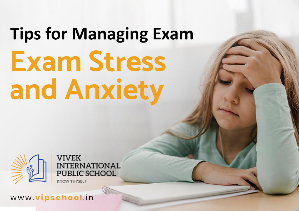Tips for Managing Exam Stress and Anxiety written on a white background on the left with a girl on the right side stressed about exams.